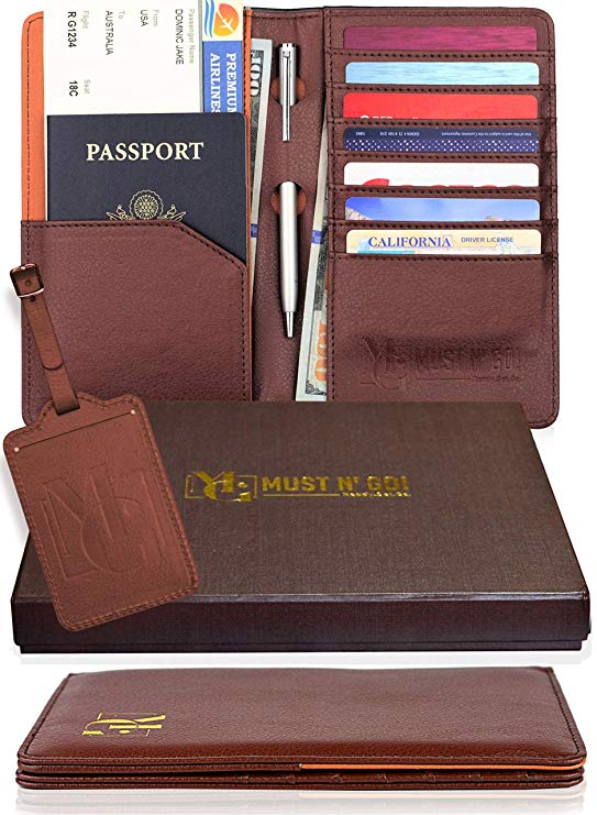 Passport Holder for Men - and Women - Passport Wallet RFID Blocking and Luggage Tag Set for Travel - Elegant Gift Box - Modern Brown