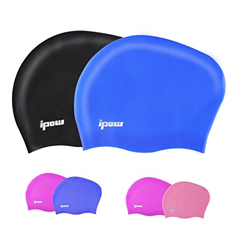 2 Pack,Ipow Premium Haircare Silicone Swim Cap Soft Bathing Hat to Keep Hair Healthy with Great Durability Highly Elastic&Large Stretch Eco-friendly for Long,Thick,or Curly Hair ¡­