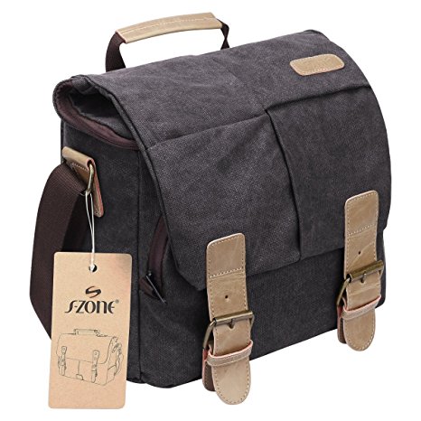 S-ZONE Vintage Waterproof Canvas Leather Trim DSLR SLR Shockproof Camera Shoulder Messenger Bag­