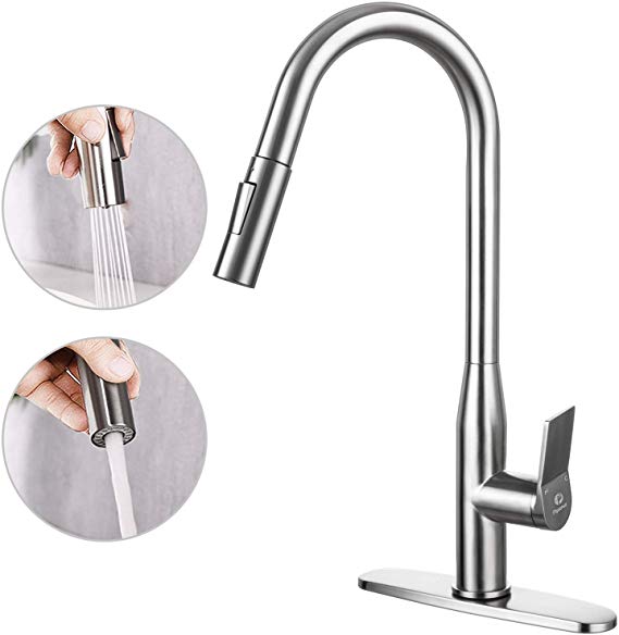 Kitchen Faucet with Pull Down Sprayer Stainless Steel - 2 Way Setting Spray & Stream - High Arc Single Handle Pull Out Brushed Nickel Touchless Kitchen Sink Faucet by Pipishell