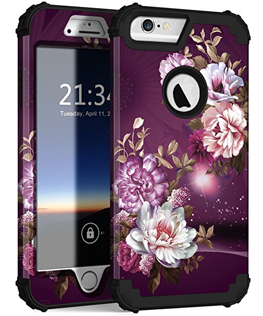 iPhone 6s Plus Case, iPhone 6 Plus Case, Hocase Heavy Duty Shockproof Protection Hard Plastic Silicone Rubber Protective Case for iPhone 6 Plus/6s Plus - Royal Purple/White Flowers