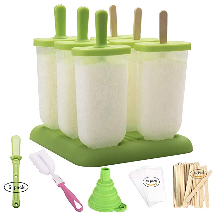 Popsicle Molds Set - BPA Free - 6 Ice Pop Makers   50 Popsicle Sticks   50 Popsicle Bags   Silicone Funnel   Cleaning Brush   Recipes E-book - by Miaowoof