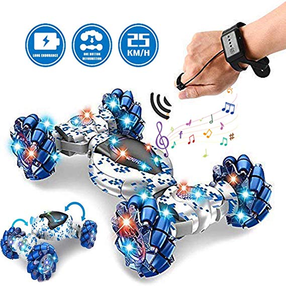 Gesture Sensing Remote Control Car, 2.4G 4WD Double Sided Remote Control Stunt Car with Four-Wheel Drive, Light & Music, Off-Road & Sports Status Vehicle Toy for Any Terrain, Christmas Birthday Gift