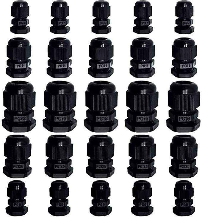 Cable Glands - 25 Pack Plastic Waterproof 3.5-13mm Nylon Cable Glands Joints Wire Protectors, PG 7/9/11/13.5/16, for Home/Garden/Outdoor Lighting Cable Black