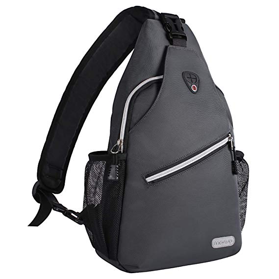 Mosiso Sling Backpack, Durable Polyester Water Repellent Chest Shoulder Unbalance Gym Fanny Lightweight Crossbody Sack Satchel Outdoor Hiking Bag for Men Women Girls Boys Travel Daypack, Space Gray