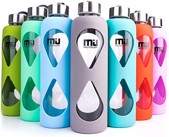 MIU COLOR Glass Water Bottle 550ml with Anti-slip Silicone Sleeve, Leak Proof Borosilicate BPA-Free Eco-Friendly Hot Cold Drink Flask, Ideal for School Home Office Travel Sports Yoga Gym