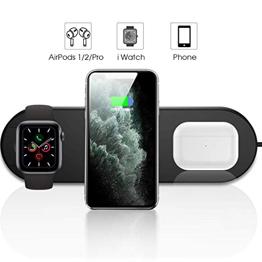 Fast Wireless Charger, Qi Certified 3 in 1 Wireless Charging Pad Compatible with iPhone 11/11 Pro Max/X/XS/XS Max, Samsung Galaxy Note 10/Note 10 /S10, AirPods Pro and Apple Watch Series 5 4 3 2