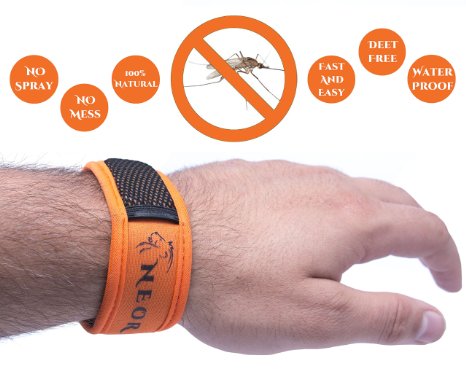 Mosquito Repellent Bracelet NEOR - Zika Virus Protection - Effectively Repels Insect and Mosquitoes - All Natural Pest Control - NO DEET NO SPRAY Repeller for Babies Kids Adults on Travel - 2 Waterproof Plant Refills - Enjoy 30 Day Outdoor Protection Orange