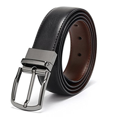 DWTS Men's Genuine Leather Dress Belt For Men Reversible with Rotated Buckle