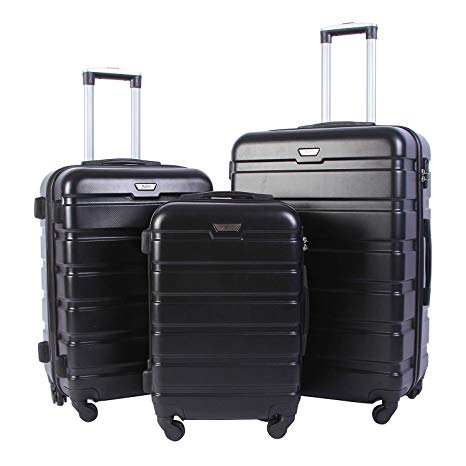 AZBRO 3 Piece Family Travel Set Suitcase Stripped Hardshell ABS Spinner Luggage Lightweight, Black