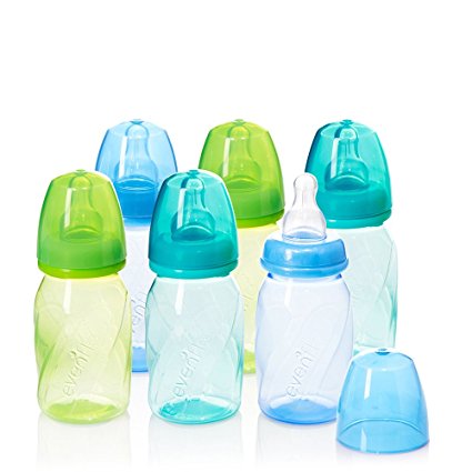 Evenflo Feeding Premium Proflo Vented Plus Polypropylene Baby, Newborn and Infant Bottles - Helps Reduce Colic - Teal/Green/Blue, 4 Ounce (Pack of 6)