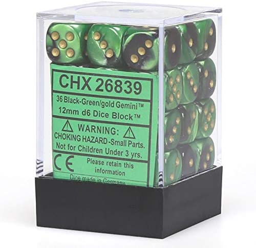Chessex Dice d6 Sets: Gemini Black & Green with Gold - 12mm Six Sided Die (36) Block of Dice