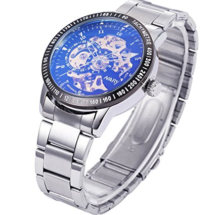 Mens Stainless Steel Skeleton Automatic Mechanical Roman Numerals White Dial Wrist Watch   Gift Box