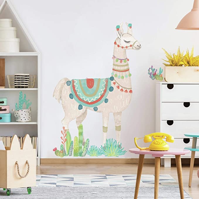 RoomMates Watercolor Llama Peel And Stick Giant Wall Decals, Tan, Green, Blue, 1 Sheet 36.5 Inches X 17.25 Inches / 1 Sheet at 9 Inches X 36.5 Inches - RMK3839GM