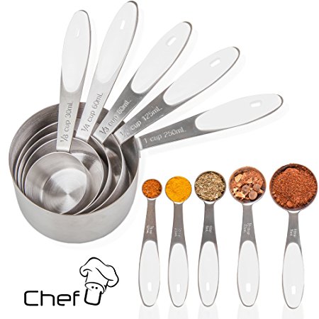 Chef U Stainless Steel Measuring Cups and Spoons, Set of 10, Premium Quality Engraved Metric US Liquid Measurement, Rust Proof, Food Grade Soft Silicone Grip, Nested Stackable Kitchen Tools (White)