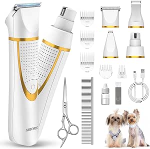 Small Dog Grooming Kit, 4 in 1 Electric Cordless Dog Paw Trimmer with Nail Grinder, Low Noise Dog Nail Trimmers, IPX7 Waterproof Small Dog Grooming Clippers for Paws, Ears, Face, Hip Hairl