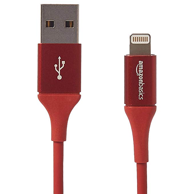 AmazonBasics USB A Cable with Lightning Connector, Premium Collection, MFi Certified iPhone Charger, 4 Inch, Red