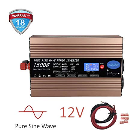 GISIAN 1500W Pure Sine Wave Power Inverter 12V DC to 110V AC with LCD Display, Dual USB Ports and 3 AC Outlets, Perfect for Home RV Truck Boat