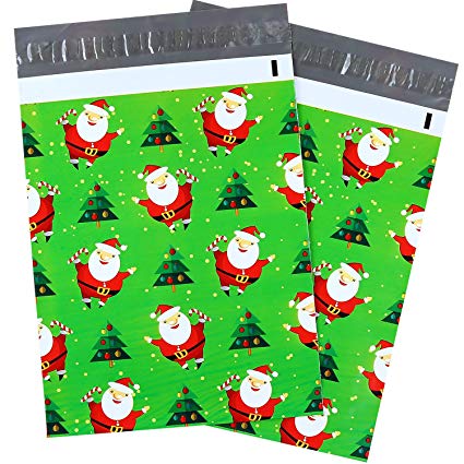100 Pcs 10 x 13 Santa Claus Christmas Poly Mailers, Chritsmas Tree Mailers Envelopes Shipping Bags with Self Seal Adhesive, Waterproof and Tear-Proof Postal Bags, Green