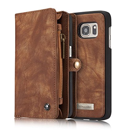 AKHVRS AIREBO 5161757 Dermis Cowhide Leather Wallet Type Case with Zipper for Samsung Galaxy S7 Edge - Dark Brown