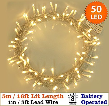 Fairy Lights 50 Warm White Christmas Tree Lights Indoor & Outdoor LED String Lights - Battery Operated - 8 Functions 5m/16 ft Lit Length with 1m Lead Wire - Ideal for Christmas tree Decorations