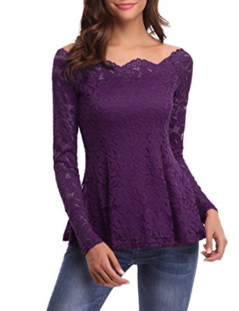 iClosam Women Sexy Off Shoulder A-line Long Sleeve Floral Lace Top