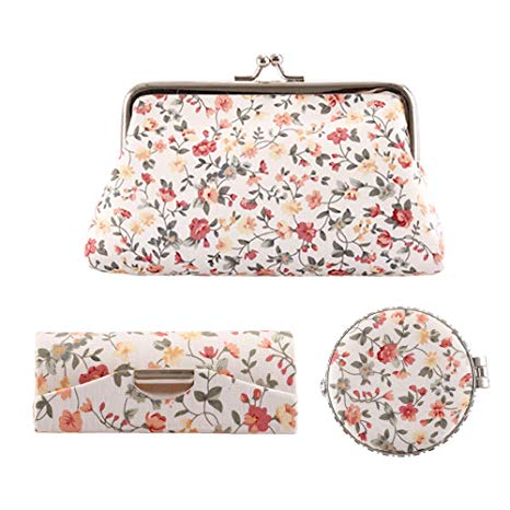 Rocutus 3pcs/Set Flower Embroidered Kiss-lock Coin Purse Wallet Cosmetic Organizer Include Kiss-Lock Clasp Clutch Purse Butterfly Closure Mirror Snap Button Lipstick Case
