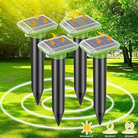 Solar Mole Repellent, Ultrasonic Gopher Repeller Outdoor, Solar Powered Waterproof Snake Repellent Deterrent Gopher Vole Snake Pest and Other Rodent Animals from Lawn Garden Yard Home(4 Packs)