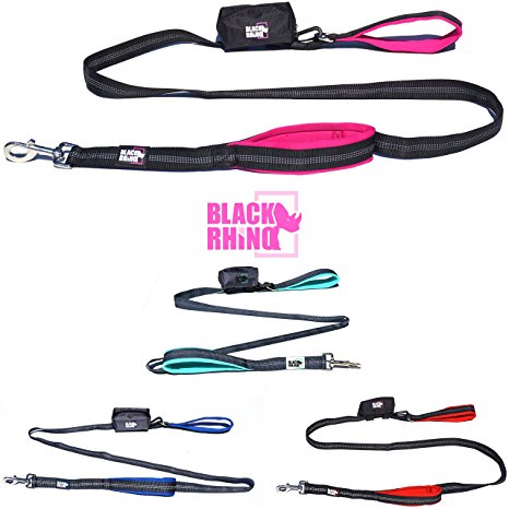 Black Rhino The Comfort Grip - Premium Dual Handle Dog Leash for Med - Large Dogs | 6' Long | Double Handle Lead for Dog Training Walking & Running Neoprene Padded Handles - Poop Bag Pouch Included