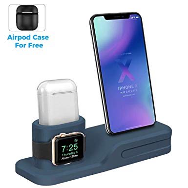 LEWOTE 3in1 Silicone Charging Stand Dock Compatible for Apple Watch/Airpods/iWatch/iPhone X 8 7 6 Plus[Gift a Airpods Case] (Blue)