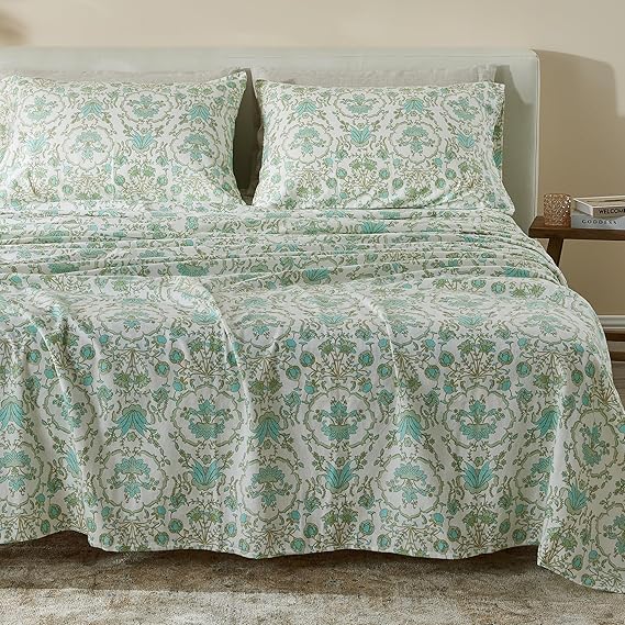 100% Turkish Cotton California King Flannel Sheets Set | Light Blue Geo Floral, Farmhouse, Soft Flannel Sheets | Warm, Double Brushed Bed Sheets (Cal King, Geo Floral - Aqua)