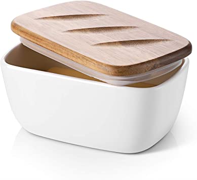 DOWAN Porcelain Butter Dish - Covered Butter Container with Wooden Lid for Countertop, Large Butter Dish with Covers Perfect for East West Coast Butter, White