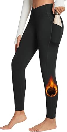 BALEAF Women's Fleece Lined Leggings with Pockets Thermal Warm Winter Tights Crossover High Waisted Yoga Pants