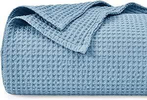 PHF 100% Cotton Waffle Weave Blanket Queen Size 90" x 90"-Lightweight Washed Soft Breathable Blanket Perfect for Summer- Great Blanket Layer for Couch Bed Sofa - Dusty Blue