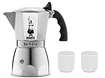 Bialetti New Brikka Elite Espresso Maker, Silver (2 Porcelain Espresso Cups Gift)