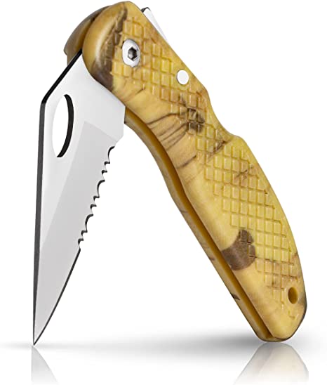 Maxam Falcon VII Lockback Camo 7 (Open) Inch Pocket Knife - Stainless Steel Serrated Blade, Textured No-Slip Handle, Carry Clip