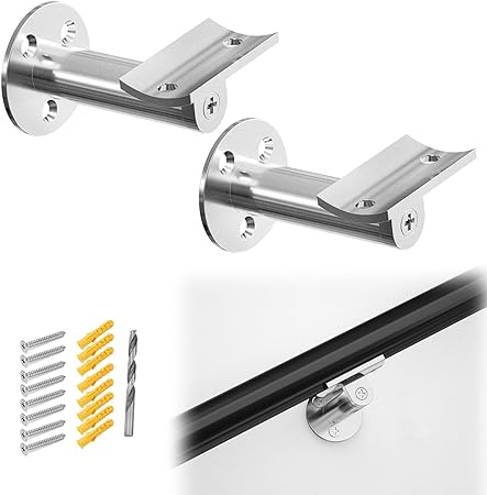 Muzata 2pack Stainless Steel Adjustable Handrail Bracket Angle Curved Bracket Fits Handrail HT20 for Staircase Stair Railing Heavy Duty Wall Mounted Black Powder Coated, HB01 SL4 HR0