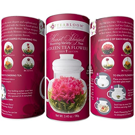 Teabloom Blooming Tea - 12 Heart Shaped Flowering Tea Assortment in Beautiful Gift Canister