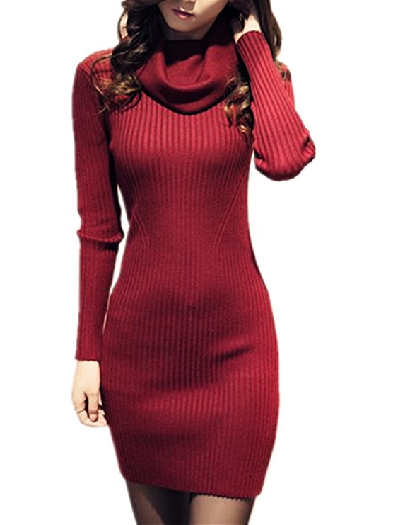 V28 Women Cowl Neck Knit Stretchable Elasticity Long Sleeve Slim Fit Sweater Dress