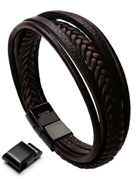 Murtoo Mens Genuine Cowhide Leather Braided Bracelet Magnetic-Clasp Multi-layer Wrap Bracelet, 8.85 inch