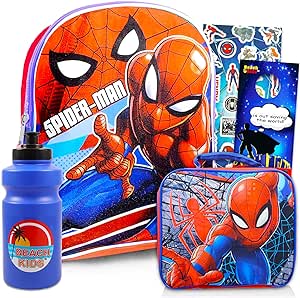 Marvel Spiderman Backpack With Lunch Box ~ 5 Pc Bundle With 15" Spiderman School Bag For Boys, Girls, Kids, Lunch Bag, Stickers, And More (Spiderman School Supplies)