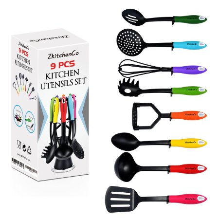 9-Piece Kitchen Utensils Home Cooking Tools Kitchen Accessories Multi-Colored Gadgets Gift Set - Spoon Slotted Spoon Masher Skimmer Whisk ladle Pasta Spoon Slotted Turner with Rotatable Stand