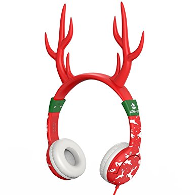 iClever BoostCare Kids Headphones with Removable Silicone Reindeer Horns,85 DB Volume limited,Red