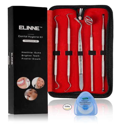 Elinne Dental Hygiene Kit - 5 Piece Dentist Tools - Anti-Fog Mirror, Dental Scaler, Tarter Scraper, Dental Pick, Dental Tweezers For Calculus & Tartar Removal, Gum Health, Teeth Cleaning