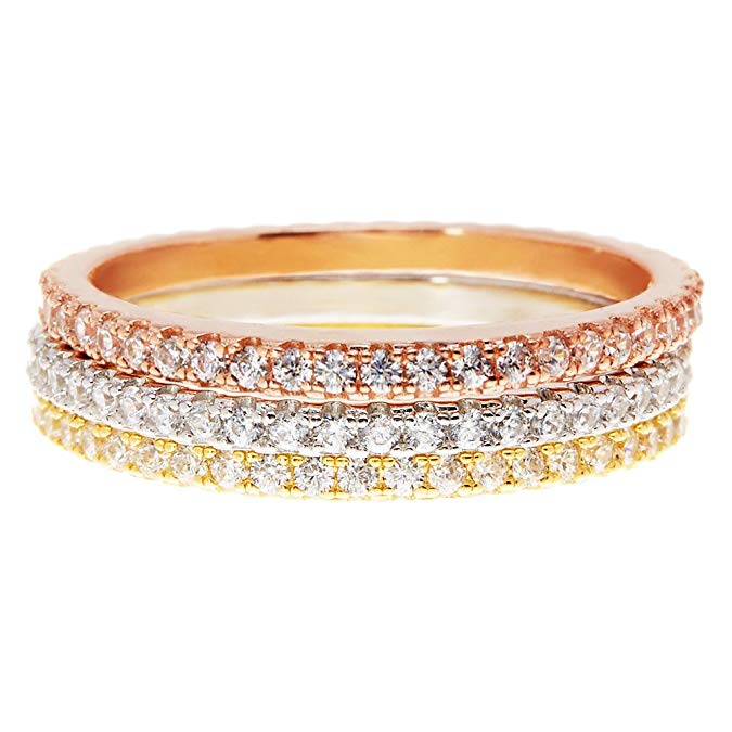 PAVOI 14K Gold Plated Sterling Silver CZ Simulated Diamond Stackable Ring Eternity Bands Women