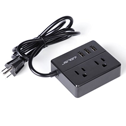 JSVER Desktop Smart Charging Travel Power Strip with 2 Outlets and 15W 3 USB Charging Ports and a Built-in 3.94ft Cable, Black