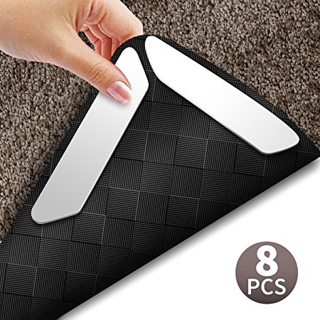 Rug Grippers, Best 8 pcs Anti Curling Rug Gripper. Keep Your Rug in Place and Makes Corners Flat. Premium Carpet Gripper with Renewable Gripper Tape, Anti Slip Rug Pad for Your Rugs