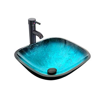 eclife 16.5" Turquoise Square Bathroom Sink Artistic Tempered Glass Vessel Sink Combo with Faucet 1.5 GPM and Pop up Drain Bathroom Bowl A10 (Square Turquoise)