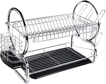 ADDMIRRE 2 Tier Easy Install Chrome Finished Modern Design Dish Drying Rack,White Draining Board