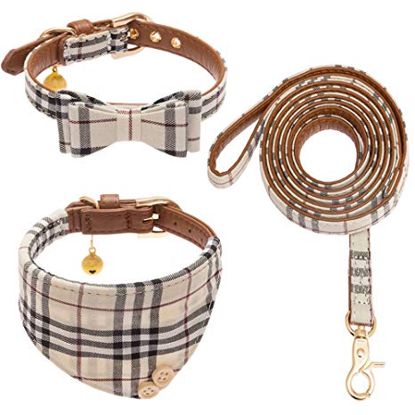 CHERPET Bow Tie Dog Collar and Leash Set - Cute Plaid Bandana Necktie Adjustable Leather Small Dog Collars with Bell, Safety Outdoor Walking Soft Cotton Comfortable for Puppy Kittens Cat,3pcs/Set